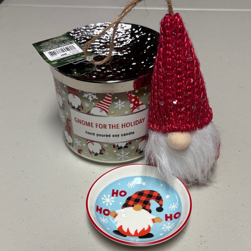 Holiday Gnome Soy Candle with Red Gnome Ornament - Gnome For The Holiday bundle